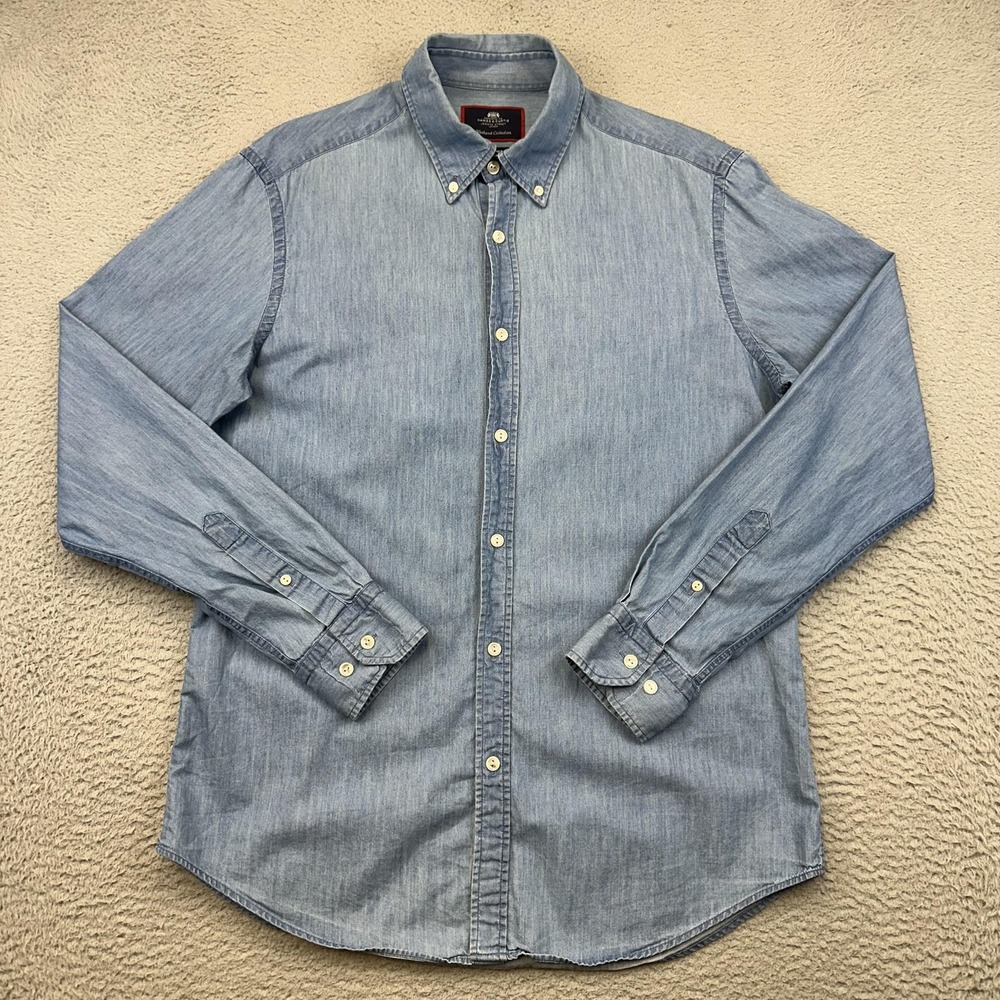Hawes & Curtis Shirt Mens Medium Blue Chambray Button Down Slim Fit Long Sleeve - Picture 2 of 13